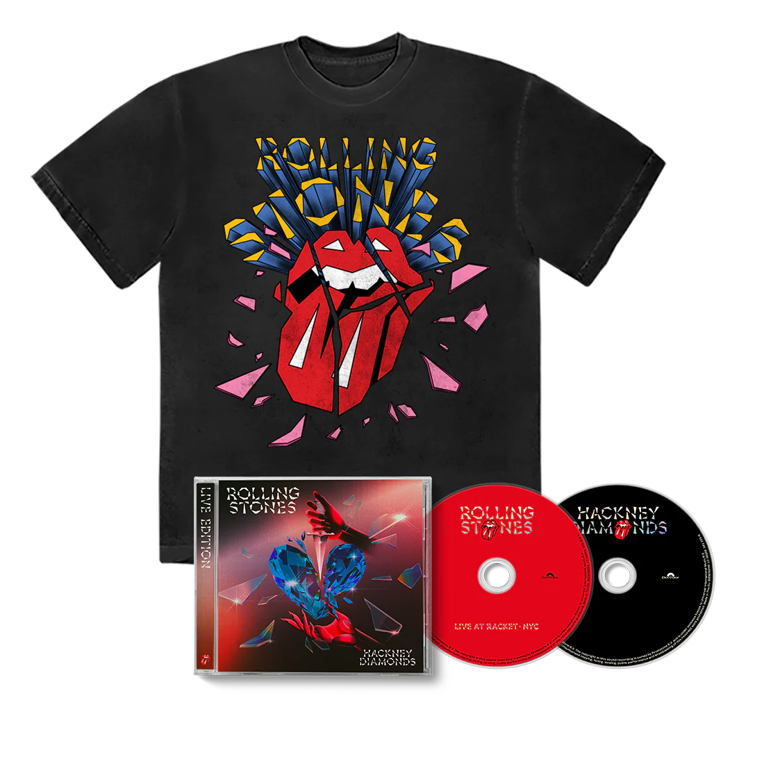 Hackney Diamonds 2CD Live Edition + Racket T-Shirt Bundle